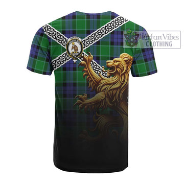 Monteith Crest Tartan Cotton T-shirt with Golden Lion Emblem Celtic Style - Tartan Vibes Clothing