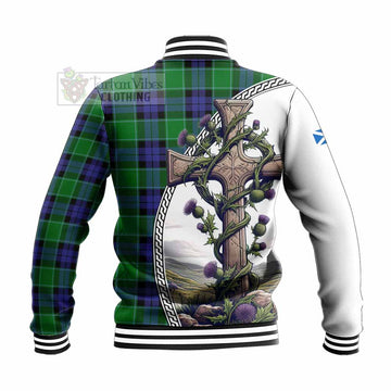 Monteith Tartan Baseball Jacket with Family Crest and St. Andrew's Cross Accented by Thistle Vines - Tartan Vibes Clothing