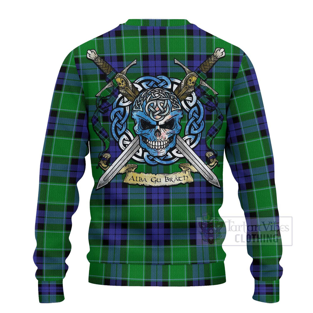 Tartan Vibes Clothing Monteith Tartan Knitted Sweater with Family Crest Celtic Skull Style