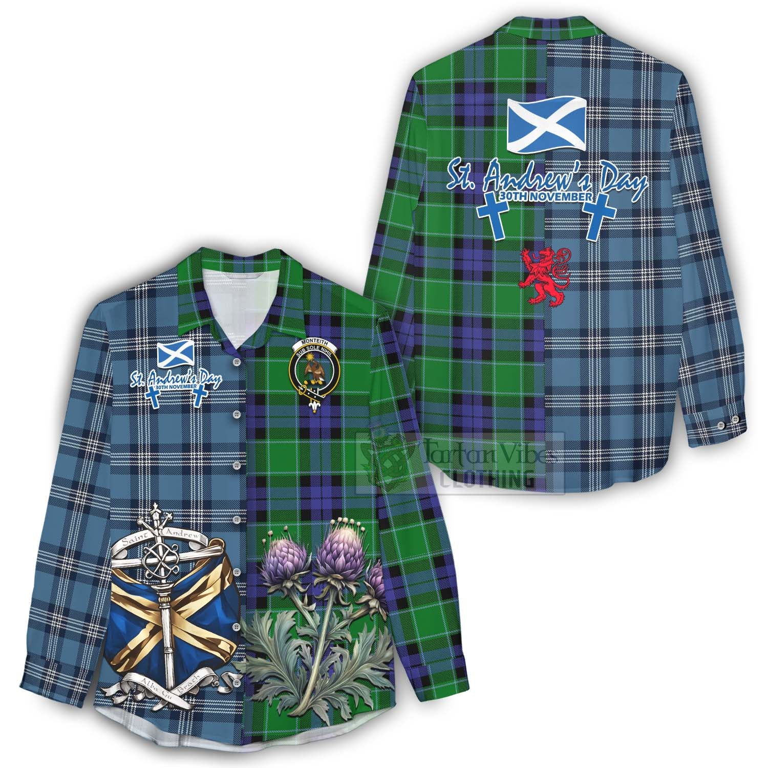 Tartan Vibes Clothing Monteith Tartan Women's Casual Shirt Happy St. Andrew's Day Half Tartan Style