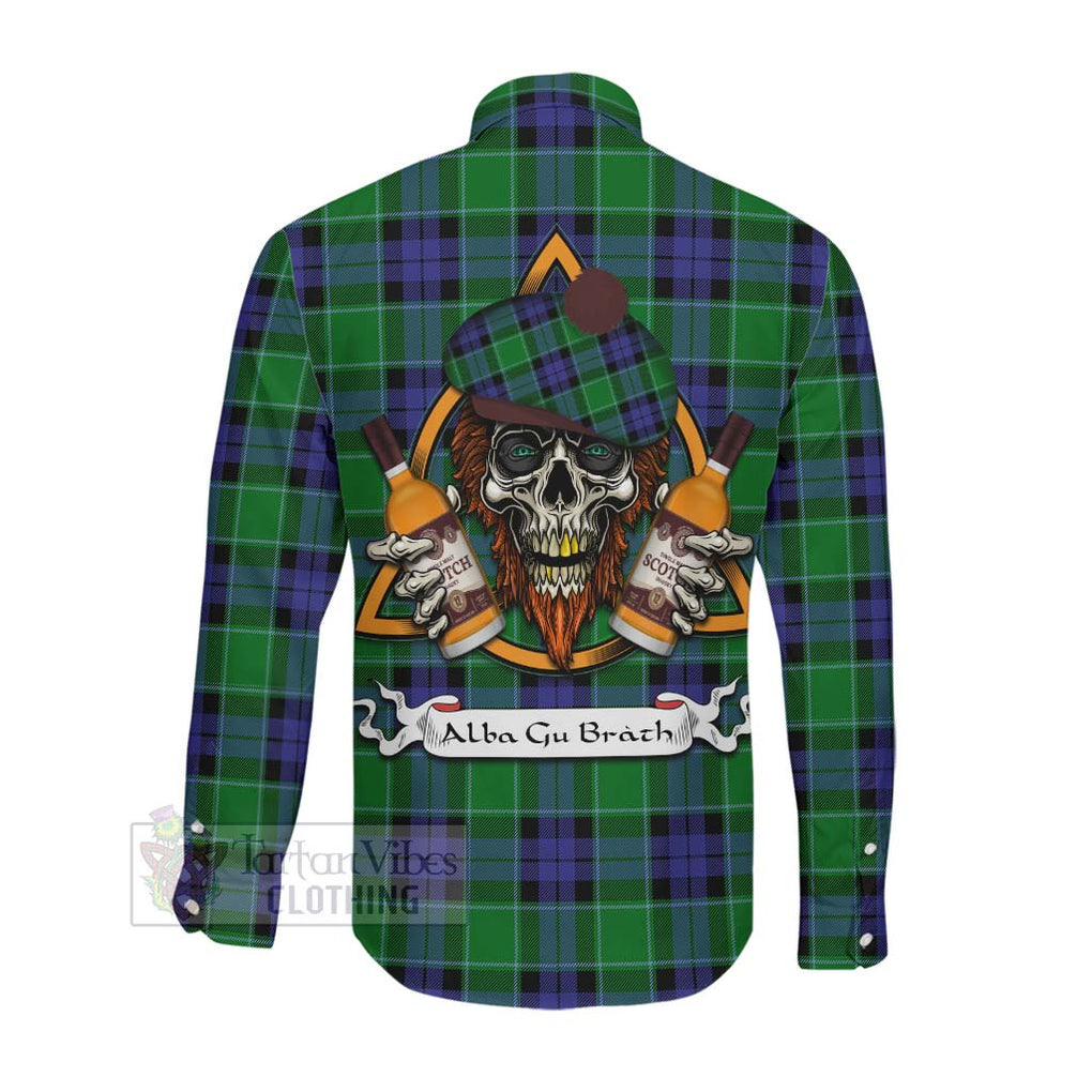 Tartan Vibes Clothing Monteith Tartan Long Sleeve Button Shirt with Family Crest and Bearded Skull Holding Bottles of Whiskey