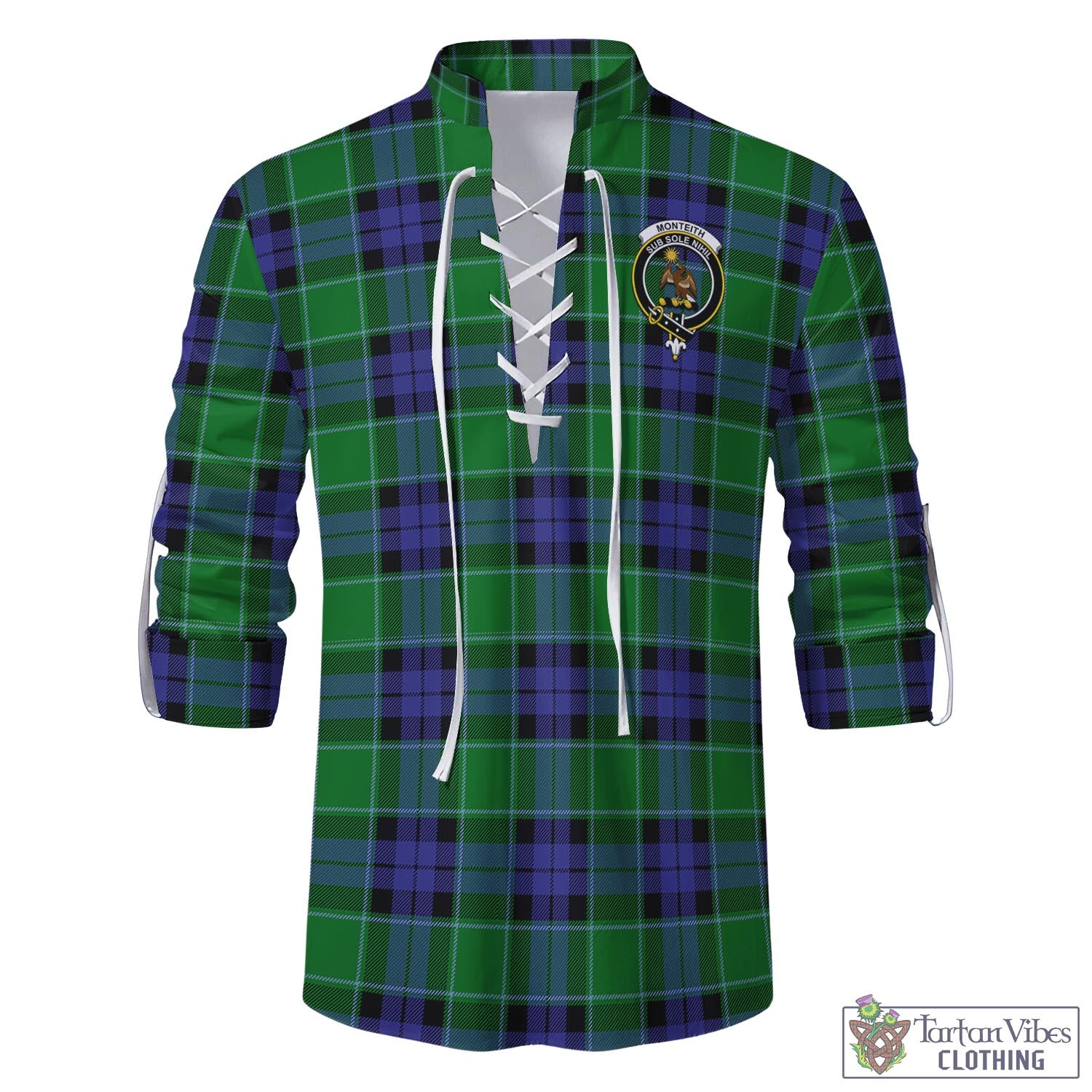 Tartan Vibes Clothing Monteith Tartan Men's Scottish Traditional Jacobite Ghillie Kilt Shirt with Family Crest