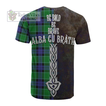 Monteith Tartan Family Crest Cotton T-shirt Alba Gu Brath Be Brave Lion Ancient Style - Tartan Vibes Clothing