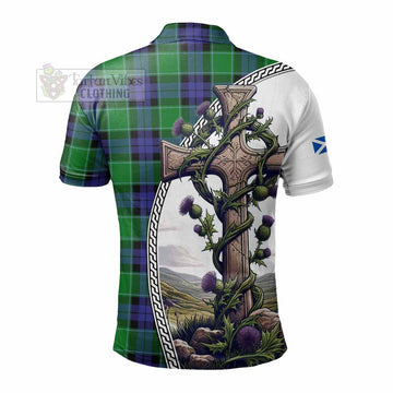 Monteith Tartan Polo Shirt with Family Crest and St. Andrew's Cross Accented by Thistle Vines - Tartan Vibes Clothing