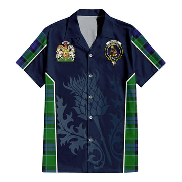 Monteith Tartan Short Sleeve Button Up Shirt with Family Crest and Scottish Thistle Vibes Sport Style