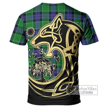 Monteith Tartan T-Shirt with Family Crest Celtic Wolf Style