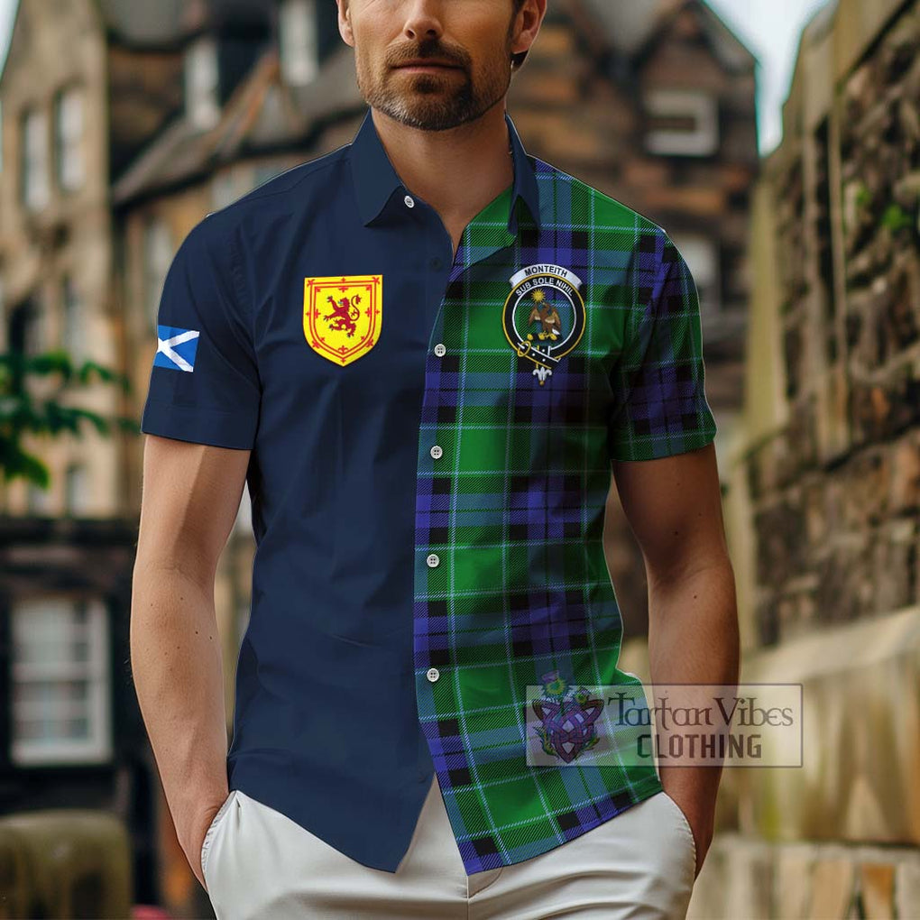Monteith Tartan Hawaiian Shirt Alba with Scottish Lion Royal Arm Half Style - Tartan Vibes Clothing