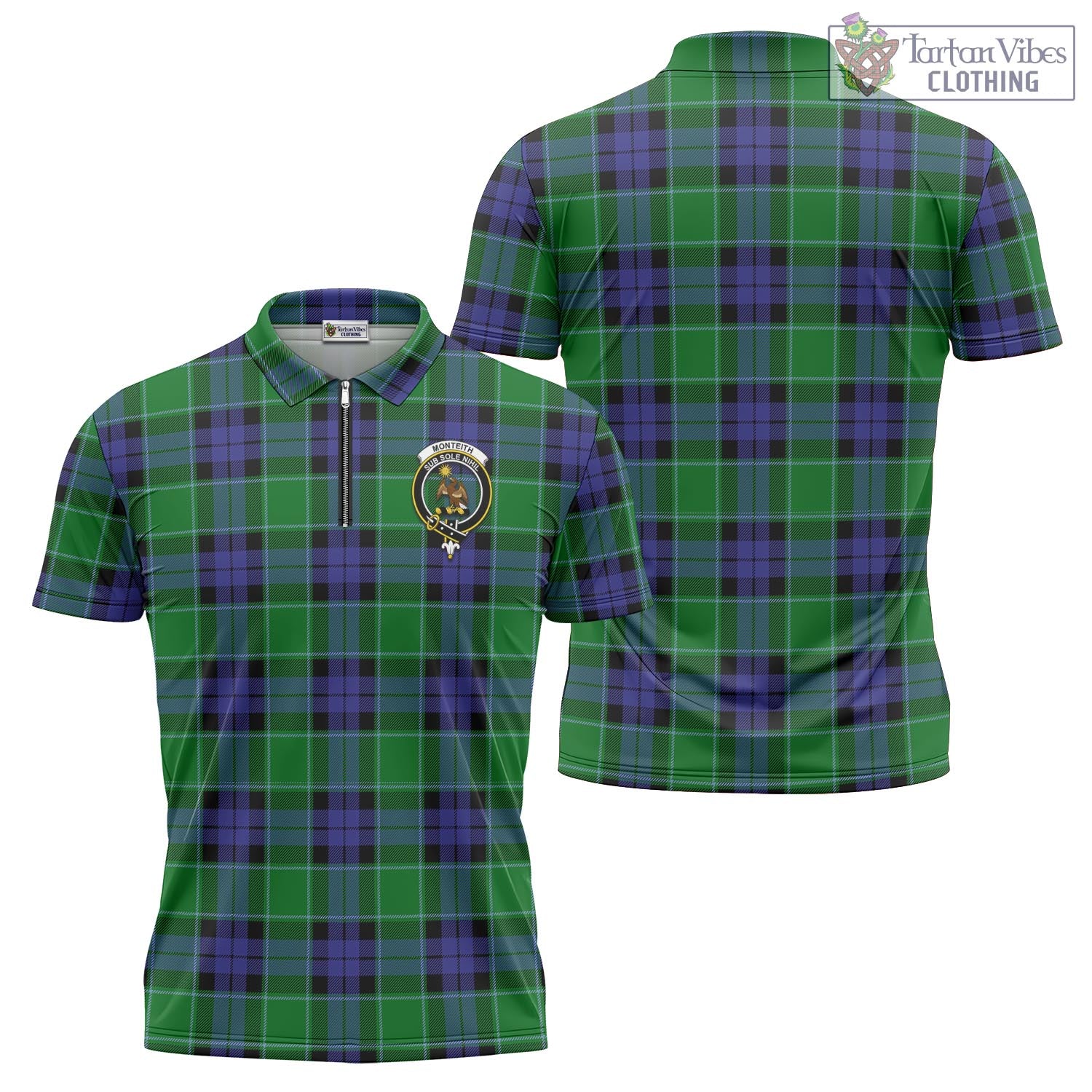 Tartan Vibes Clothing Monteith Tartan Zipper Polo Shirt with Family Crest