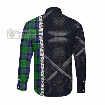 Monteith Tartan Long Sleeve Button Shirt with Family Crest Cross Sword Thistle Celtic Vibes Men's Shirt - Tartan Vibes Clothing