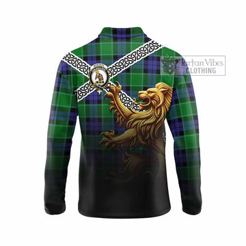 Monteith Crest Tartan Long Sleeve Polo Shirt with Golden Lion Emblem Celtic Style - Tartan Vibes Clothing