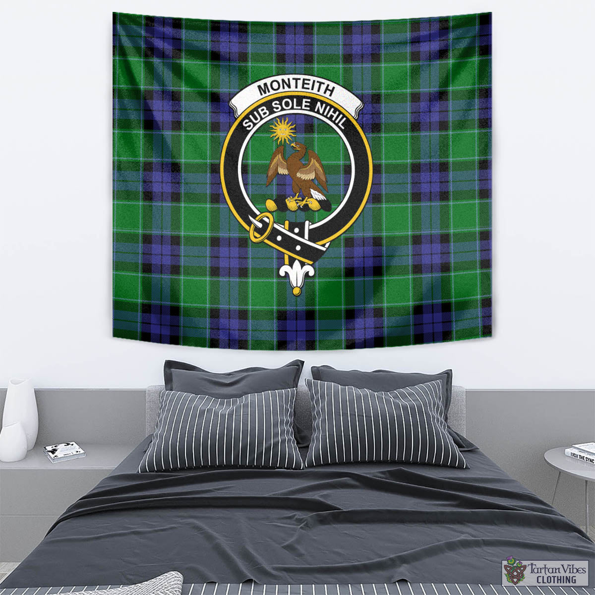 Tartan Vibes Clothing Monteith Tartan Tapestry Wall Hanging and Home Decor for Room with Family Crest