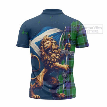 Monteith Tartan Family Crest Zipper Polo Shirt with Scottish Majestic Lion - Tartan Vibes Clothing