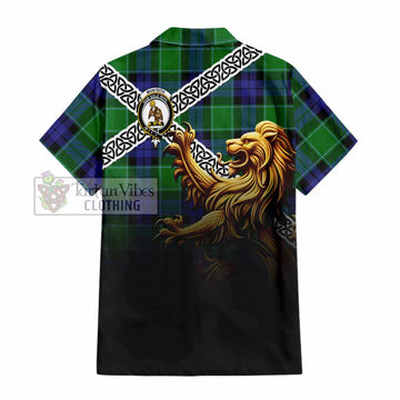 Monteith Crest Tartan Hawaiian Shirt with Golden Lion Emblem Celtic Style - Tartan Vibes Clothing