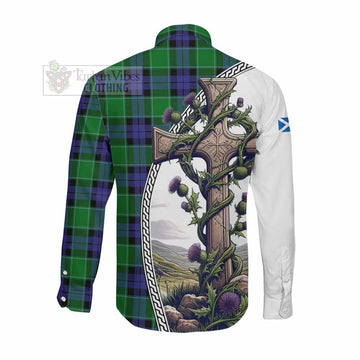 Monteith Tartan Long Sleeve Button Shirt with Family Crest and St. Andrew's Cross Accented by Thistle Vines