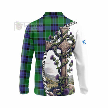 Monteith Tartan Long Sleeve Polo Shirt with Family Crest and St. Andrew's Cross Accented by Thistle Vines - Tartan Vibes Clothing