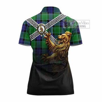 Monteith Crest Tartan Women's Polo Shirt with Golden Lion Emblem Celtic Style - Tartan Vibes Clothing