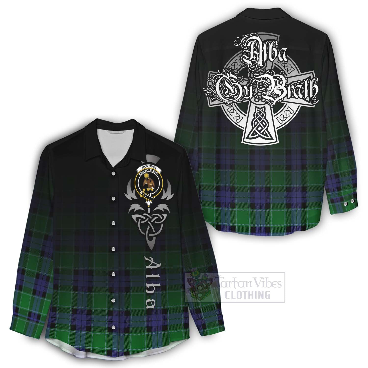 Tartan Vibes Clothing Monteith Tartan Women's Casual Shirt Featuring Alba Gu Brath Family Crest Celtic Inspired