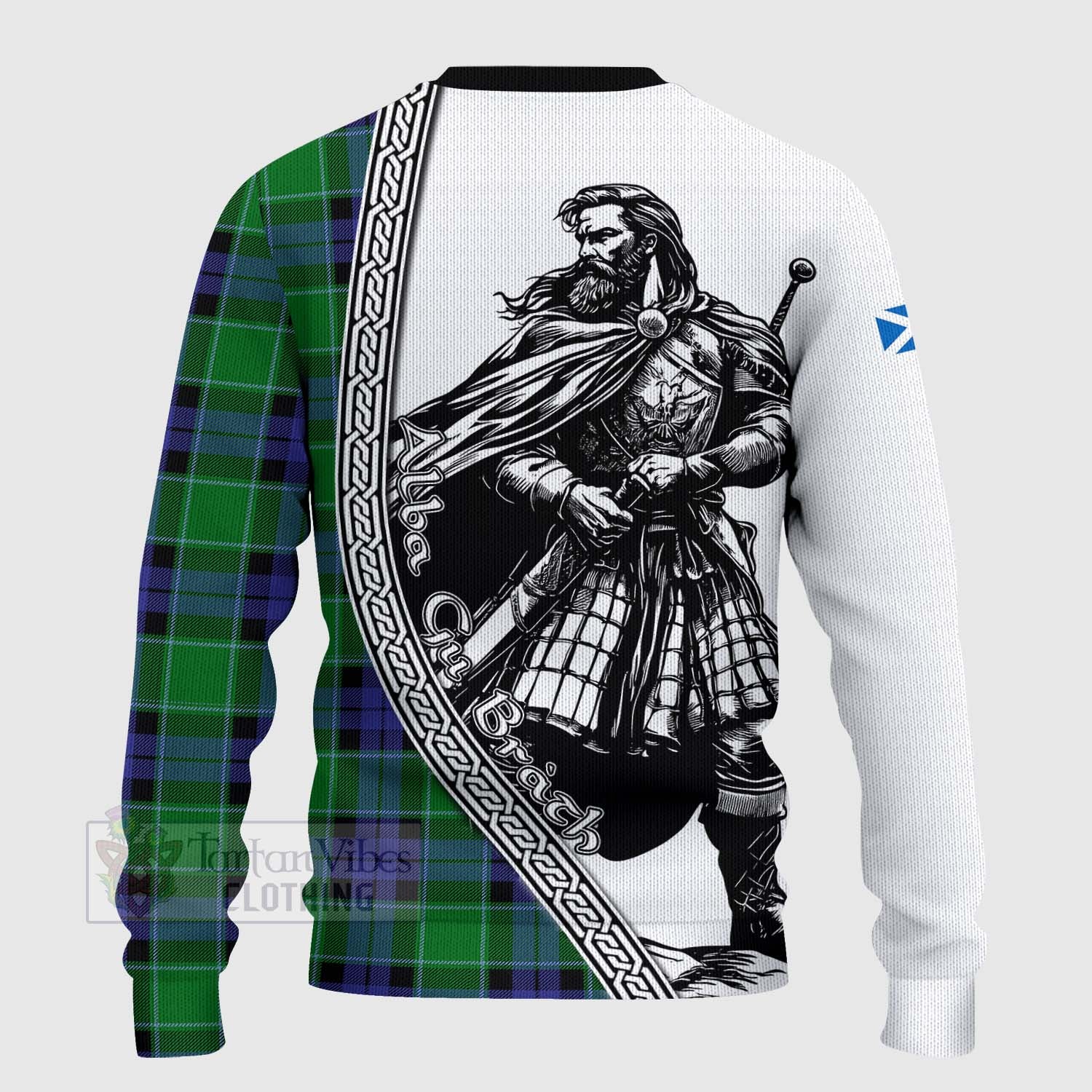 Tartan Vibes Clothing Monteith Tartan Clan Crest Knitted Sweater with Highlander Warrior Celtic Style