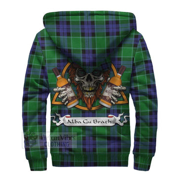Monteith Tartan Sherpa Hoodie with Family Crest and Bearded Skull Holding Bottles of Whiskey - Tartan Vibes Clothing