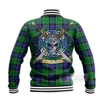 Monteith Tartan Baseball Jacket with Family Crest Celtic Skull Style - Tartan Vibes Clothing