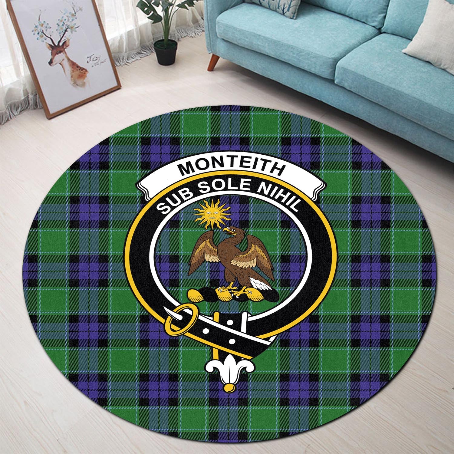 monteith-tartan-round-rug-with-family-crest