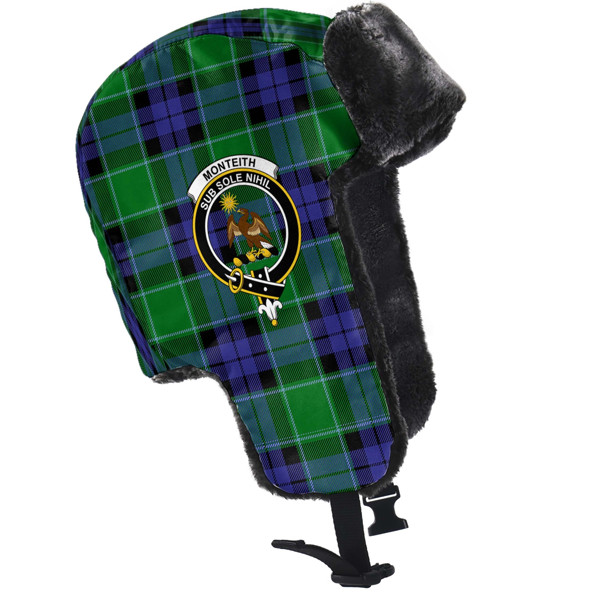 Monteith Tartan Winter Trapper Hat with Family Crest - Tartanvibesclothing