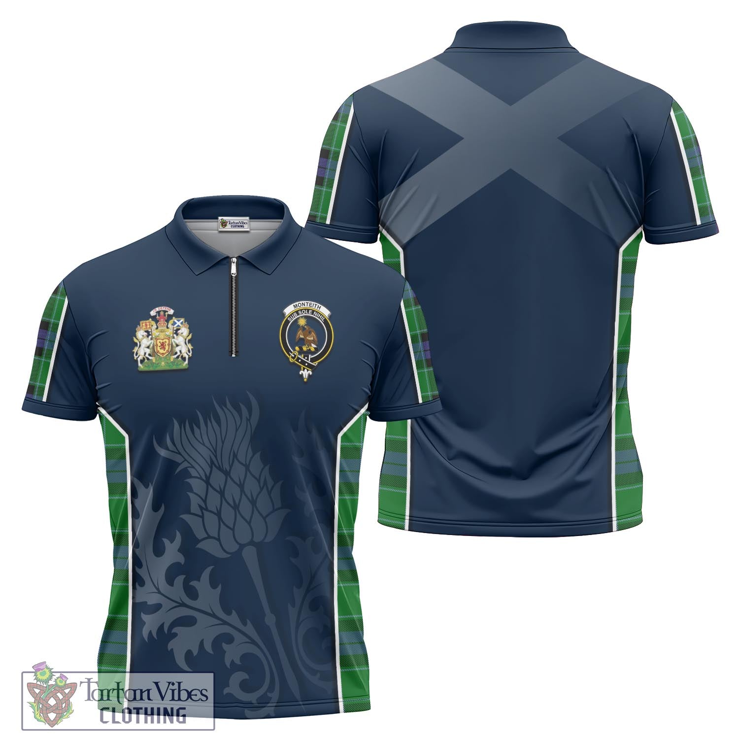 Tartan Vibes Clothing Monteith Tartan Zipper Polo Shirt with Family Crest and Scottish Thistle Vibes Sport Style