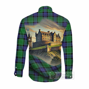Monteith Tartan Family Crest Long Sleeve Button Shirt with Scottish Ancient Castle Style Men's Shirt - Tartan Vibes Clothing