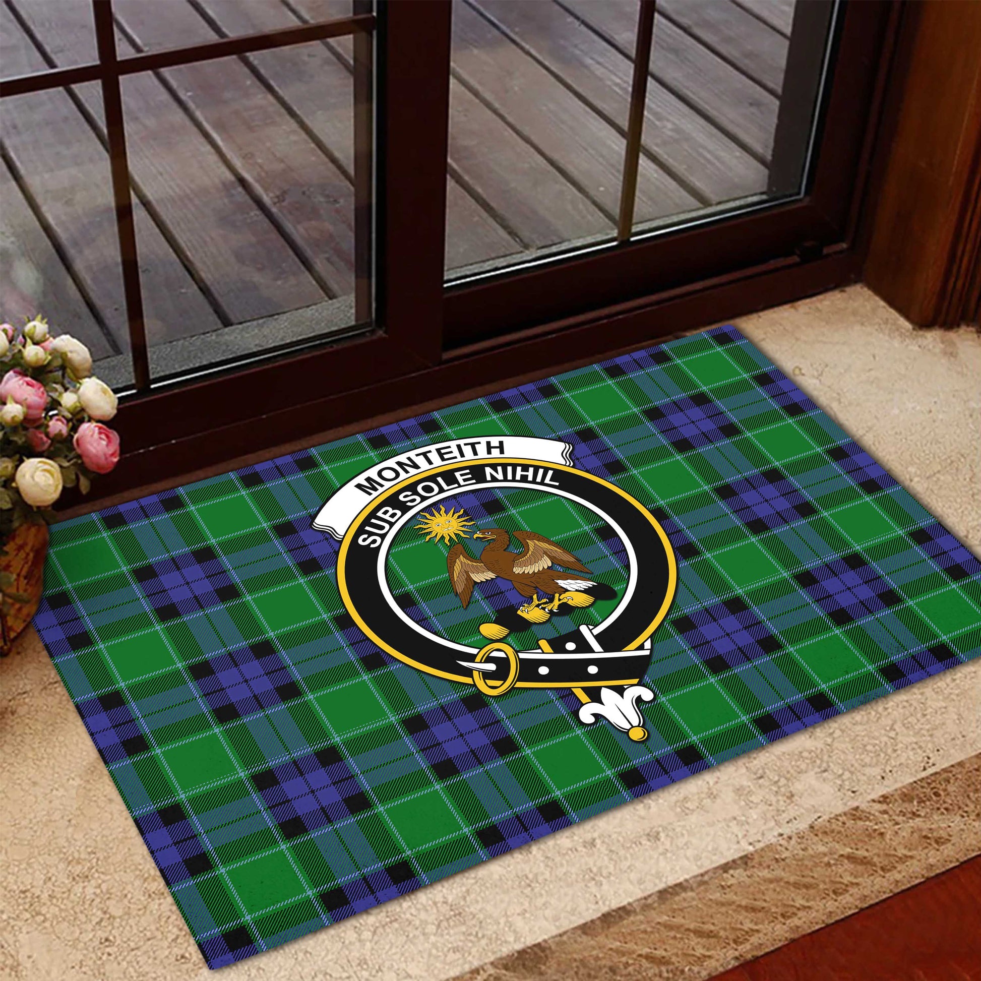 Monteith Tartan Door Mat with Family Crest - Tartanvibesclothing