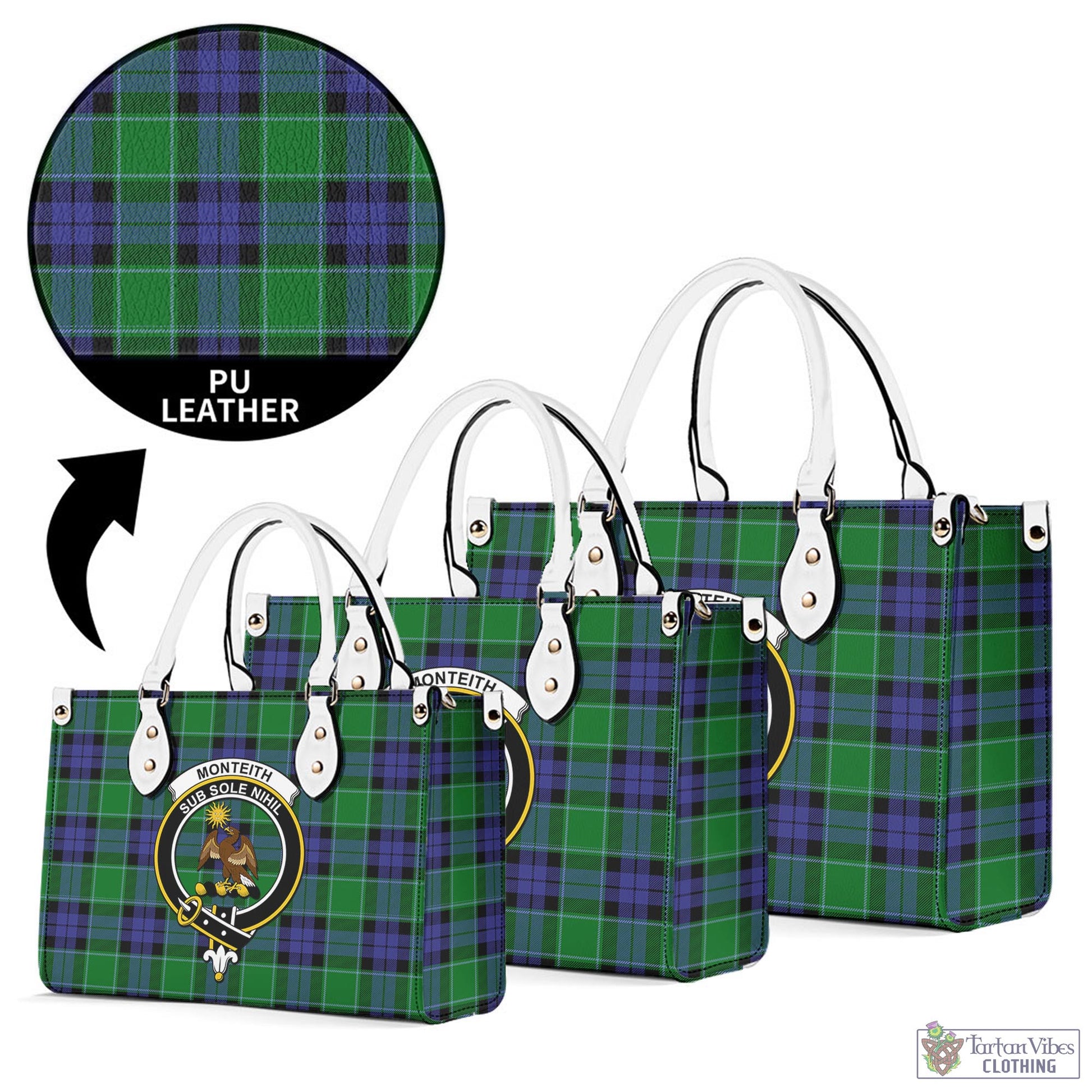 Tartan Vibes Clothing Monteith Tartan Luxury Leather Handbags with Family Crest