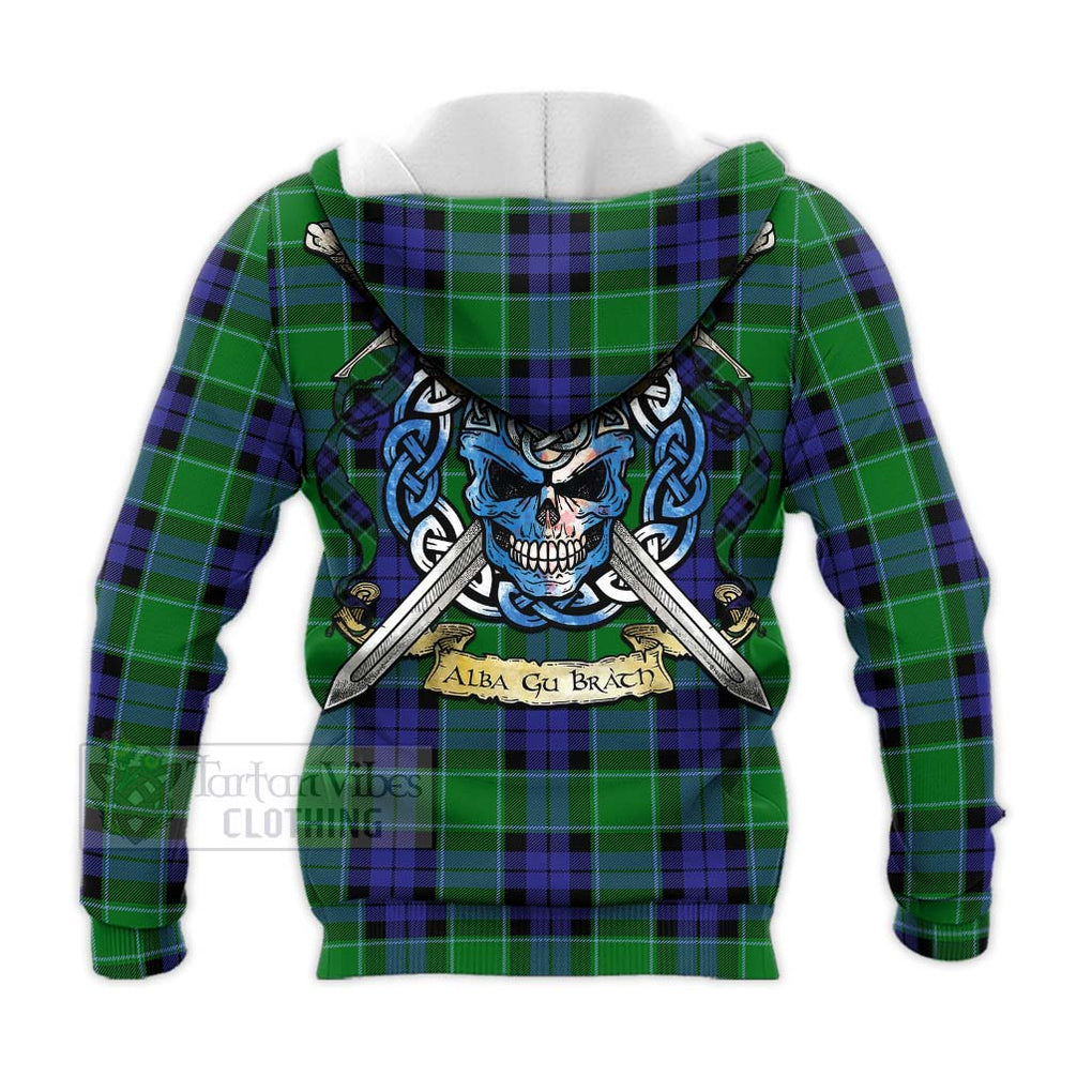 Tartan Vibes Clothing Monteith Tartan Knitted Hoodie with Family Crest Celtic Skull Style