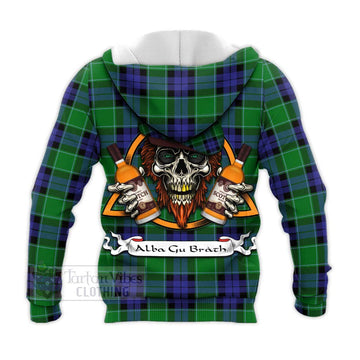 Monteith Tartan Knitted Hoodie with Family Crest and Bearded Skull Holding Bottles of Whiskey