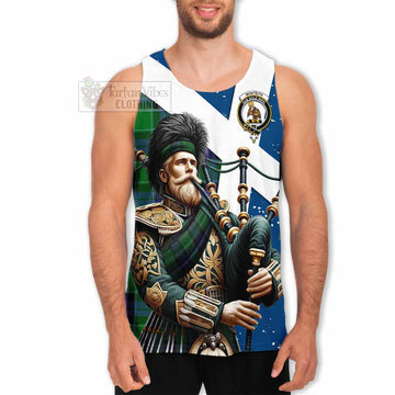 Monteith Tartan Men's Tank Top with Family Crest Scottish Bagpiper Vibes