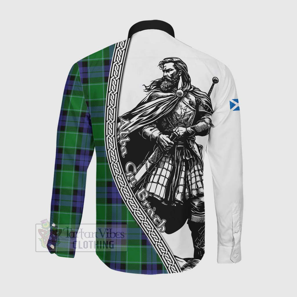 Tartan Vibes Clothing Monteith Tartan Clan Crest Long Sleeve Button Shirt with Highlander Warrior Celtic Style