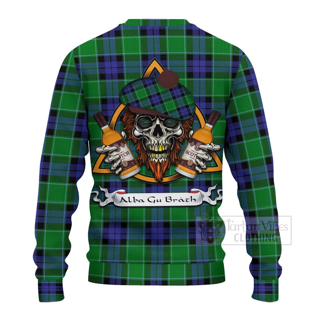 Tartan Vibes Clothing Monteith Tartan Knitted Sweater with Family Crest and Bearded Skull Holding Bottles of Whiskey