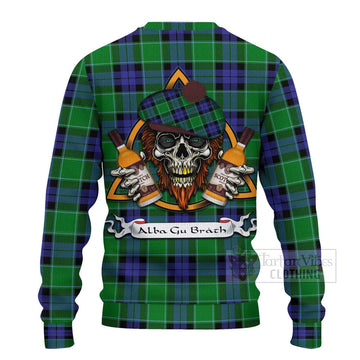 Monteith Tartan Ugly Sweater with Family Crest and Bearded Skull Holding Bottles of Whiskey