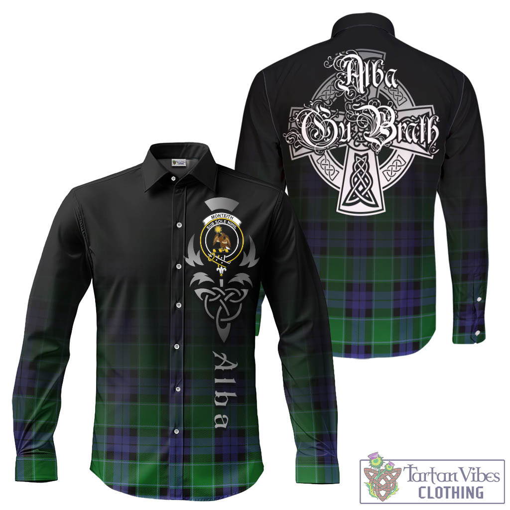 Tartan Vibes Clothing Monteith Tartan Long Sleeve Button Up Featuring Alba Gu Brath Family Crest Celtic Inspired