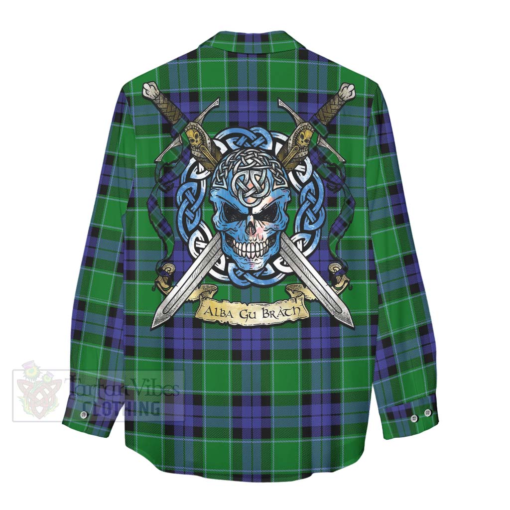 Tartan Vibes Clothing Monteith Tartan Women's Casual Shirt with Family Crest Celtic Skull Style