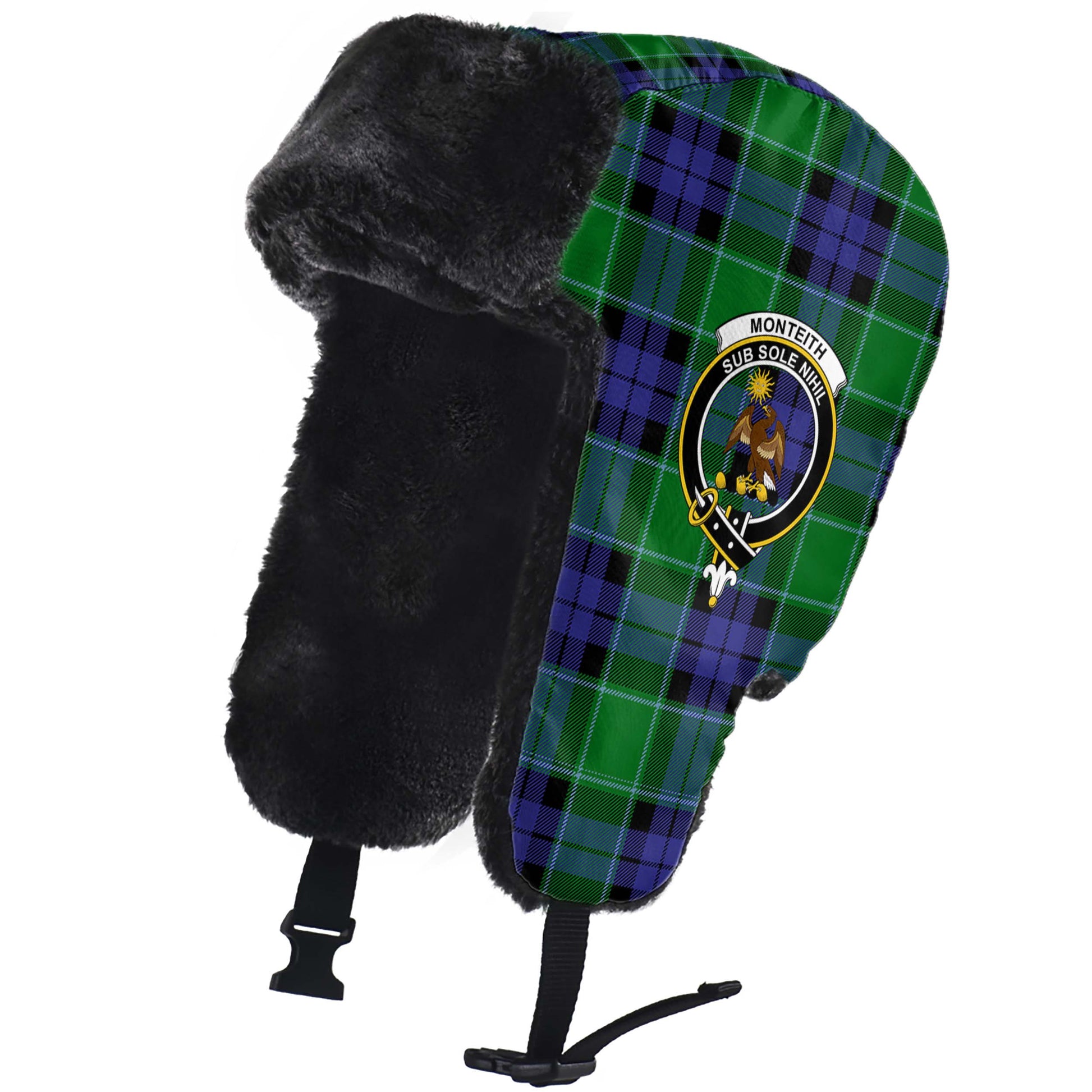 Monteith Tartan Winter Trapper Hat with Family Crest - Tartanvibesclothing