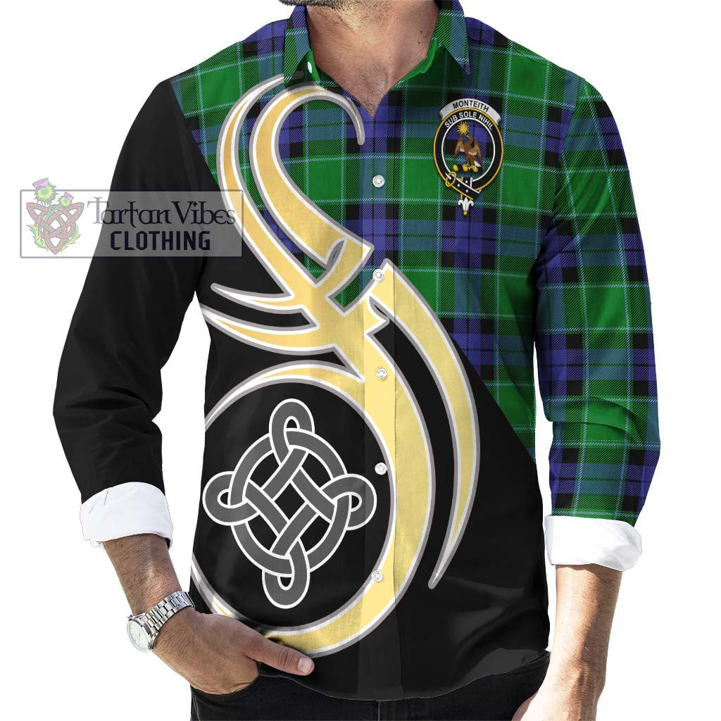 Monteith Tartan Long Sleeve Button Shirt with Family Crest and Celtic Symbol Style - Tartan Vibes Clothing