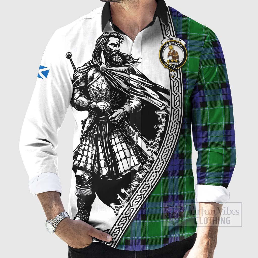 Tartan Vibes Clothing Monteith Tartan Clan Crest Long Sleeve Button Shirt with Highlander Warrior Celtic Style