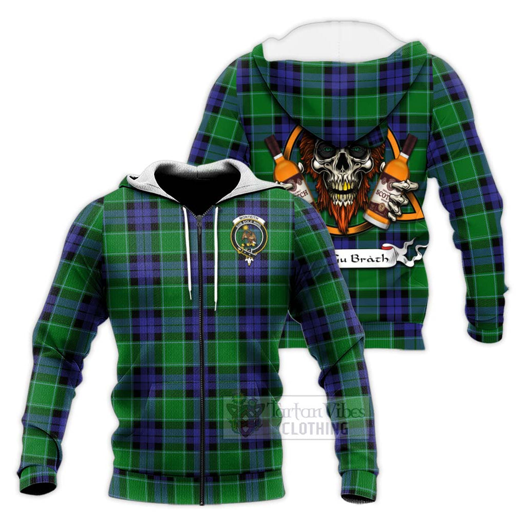 Tartan Vibes Clothing Monteith Tartan Knitted Hoodie with Family Crest and Bearded Skull Holding Bottles of Whiskey