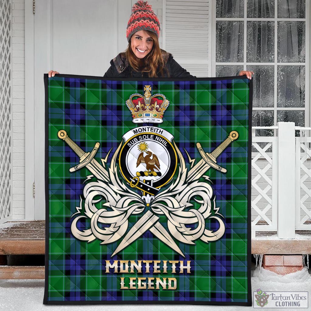 Tartan Vibes Clothing Monteith Tartan Quilt with Clan Crest and the Golden Sword of Courageous Legacy