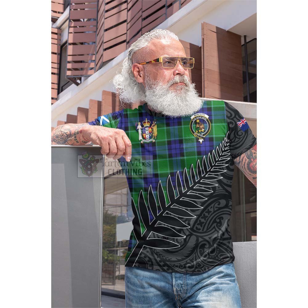 Monteith Crest Tartan Cotton T-shirt with New Zealand Silver Fern Half Style - Tartan Vibes Clothing