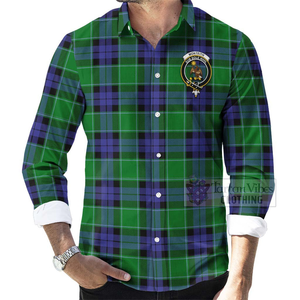 Tartan Vibes Clothing Monteith Tartan Long Sleeve Button Shirt with Family Crest and Bearded Skull Holding Bottles of Whiskey