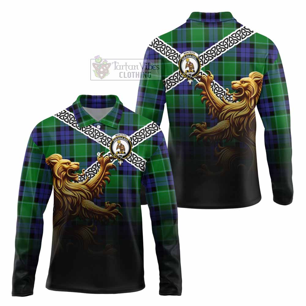Monteith Crest Tartan Long Sleeve Polo Shirt with Golden Lion Emblem Celtic Style - Tartan Vibes Clothing