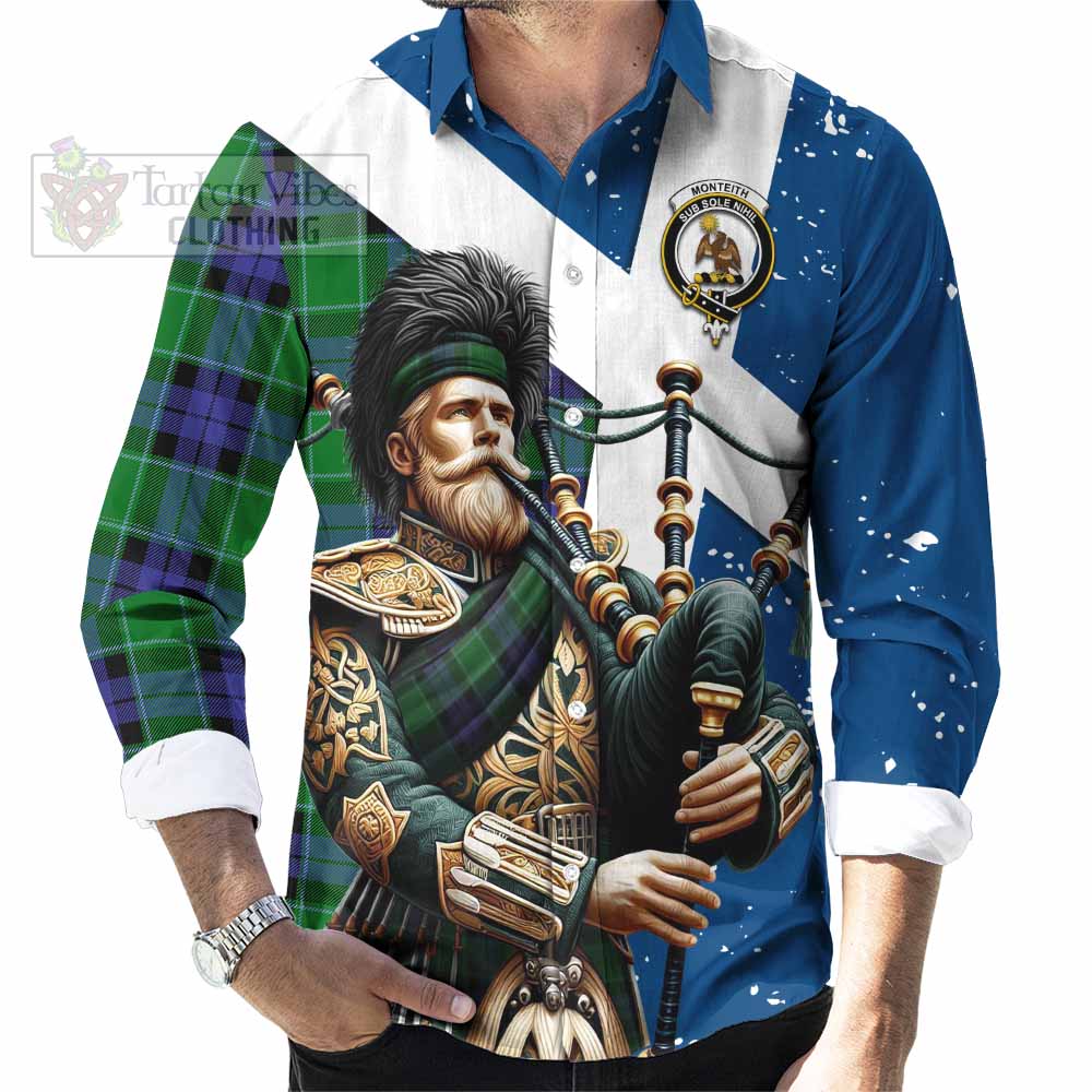 Tartan Vibes Clothing Monteith Tartan Long Sleeve Button Shirt with Family Crest Scottish Bagpiper Vibes