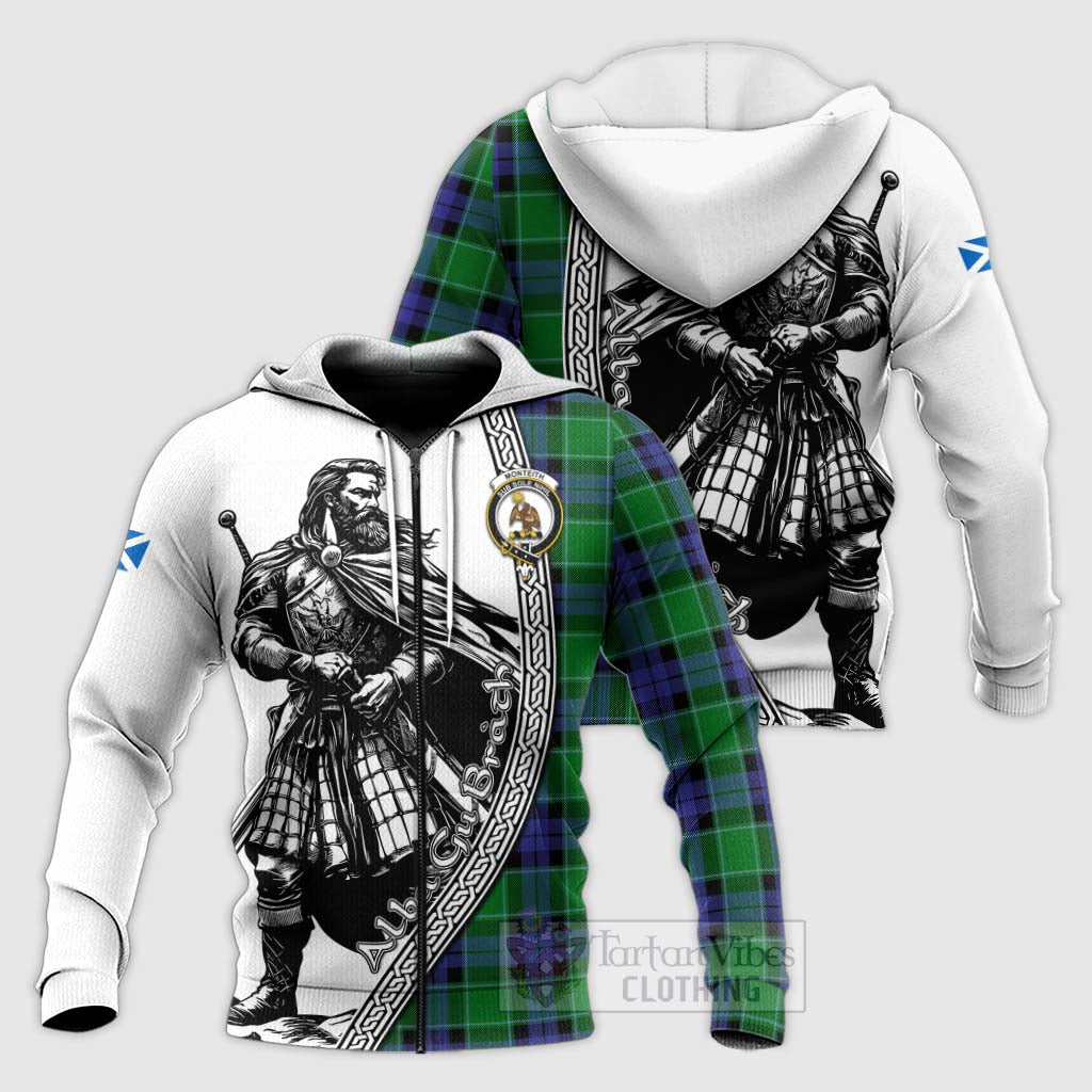 Tartan Vibes Clothing Monteith Tartan Clan Crest Knitted Hoodie with Highlander Warrior Celtic Style