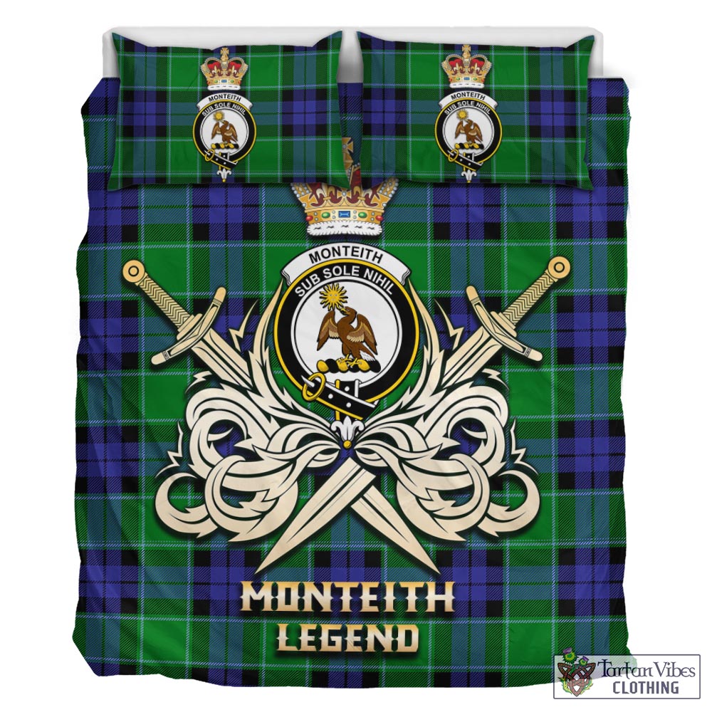 Tartan Vibes Clothing Monteith Tartan Bedding Set with Clan Crest and the Golden Sword of Courageous Legacy