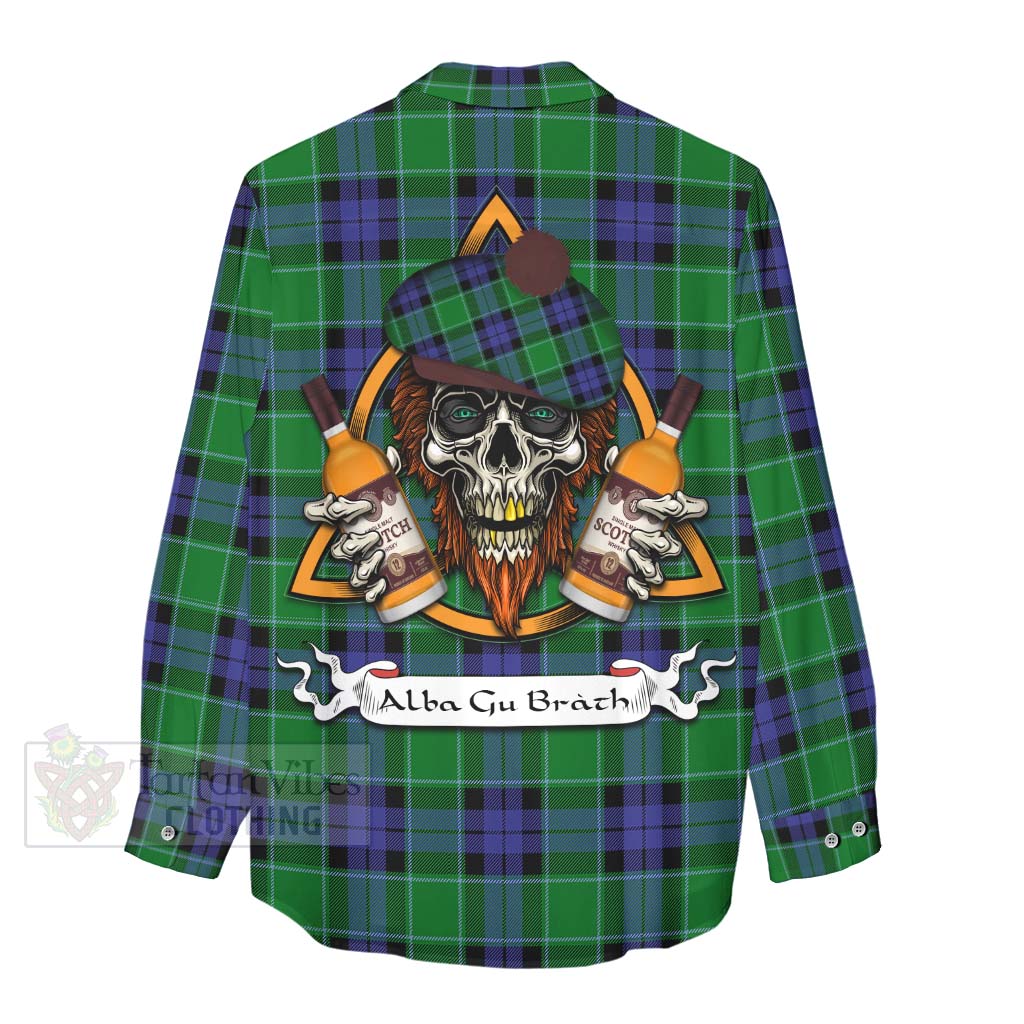 Tartan Vibes Clothing Monteith Tartan Women's Casual Shirt with Family Crest and Bearded Skull Holding Bottles of Whiskey